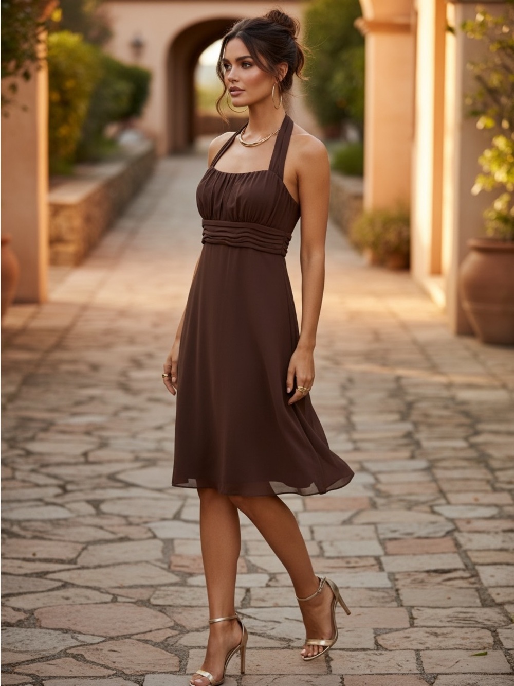 David's Bridal Brown One-Shoulder Halter Cocktail Dress